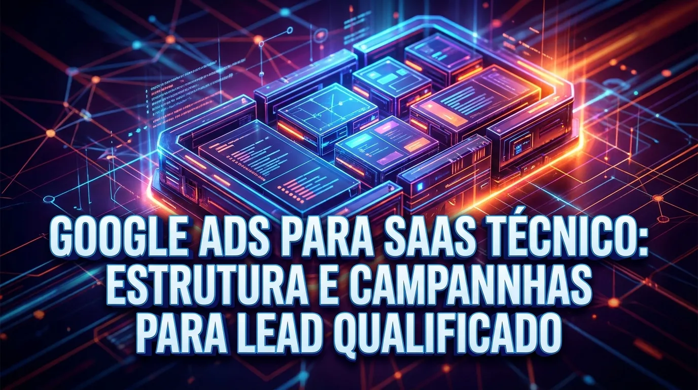 Ilustração editorial do SyntaxLab sobre Google Ads para SaaS técnico: como estruturar campanhas que trazem lead qualificado