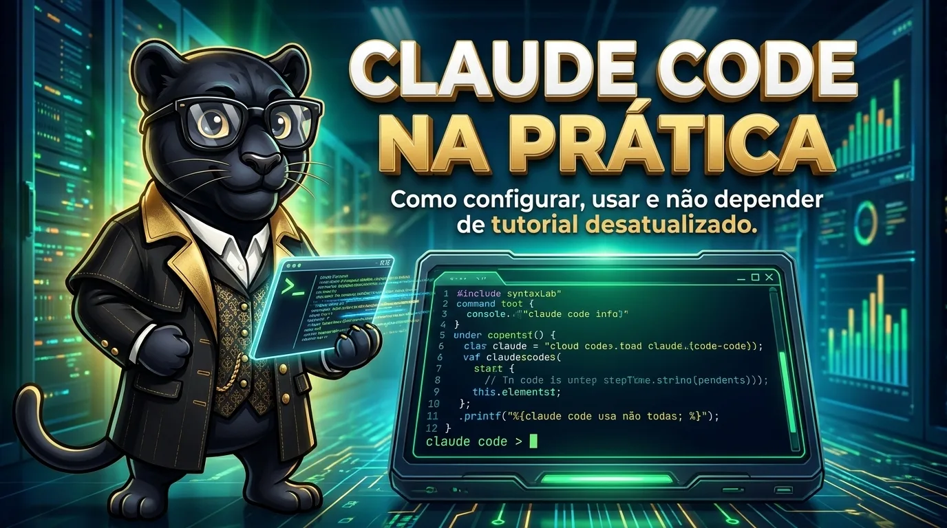 Claude Code na prática: como configurar, usar e não depender de tutorial desatualizado | SyntaxLab Ilustração editorial do SyntaxLab sobre Claude Code na prática: como configurar, usar e não depender de tutorial desatualizado