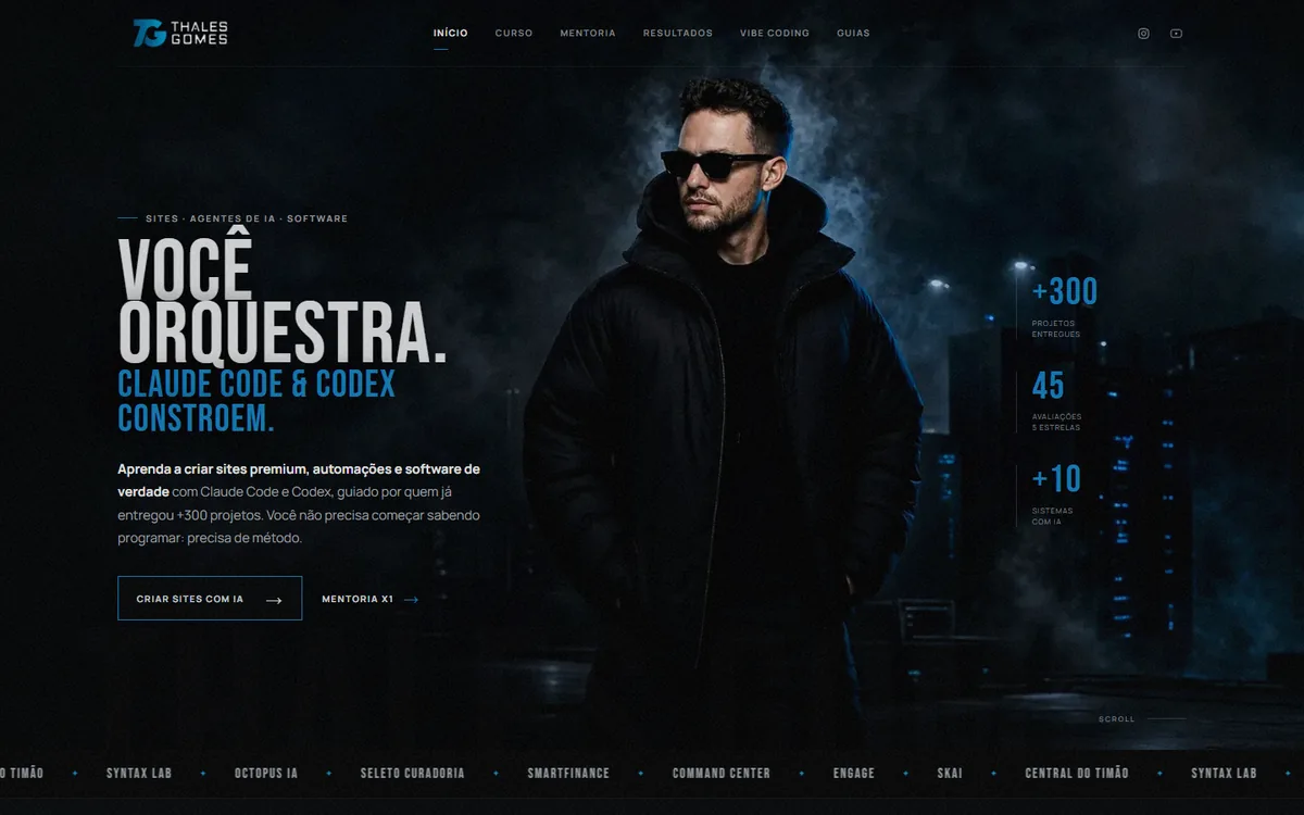 Home do thalesgomes.com, tema escuro com capa fotográfica e números na lateral