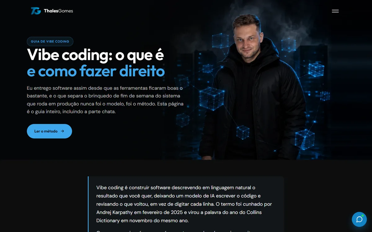 Página pilar de vibe coding, capa com blocos holográficos e sumário de leitura